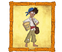 Smuggler boy holding a treasure chest and smiling in a wooden frame 